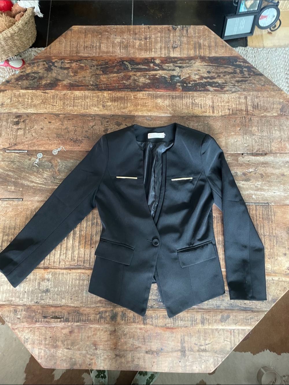 Women's Black Tailored Blazer with Gold Zipper Accents